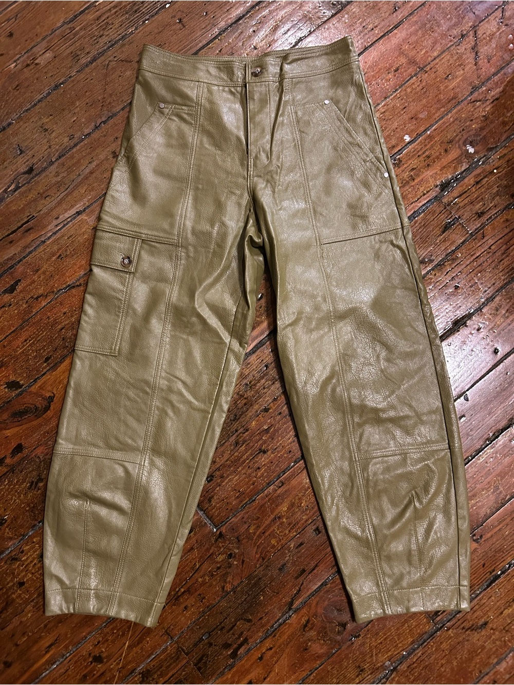 ANTHROPOLOGIE Olive Faux Leather Green Olive Cargo Barrel Leg Trousers